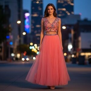 Sherri Hill Coral Sequin Embellished Crop Top Tulle Skirt Prom Dress Gown Size 0